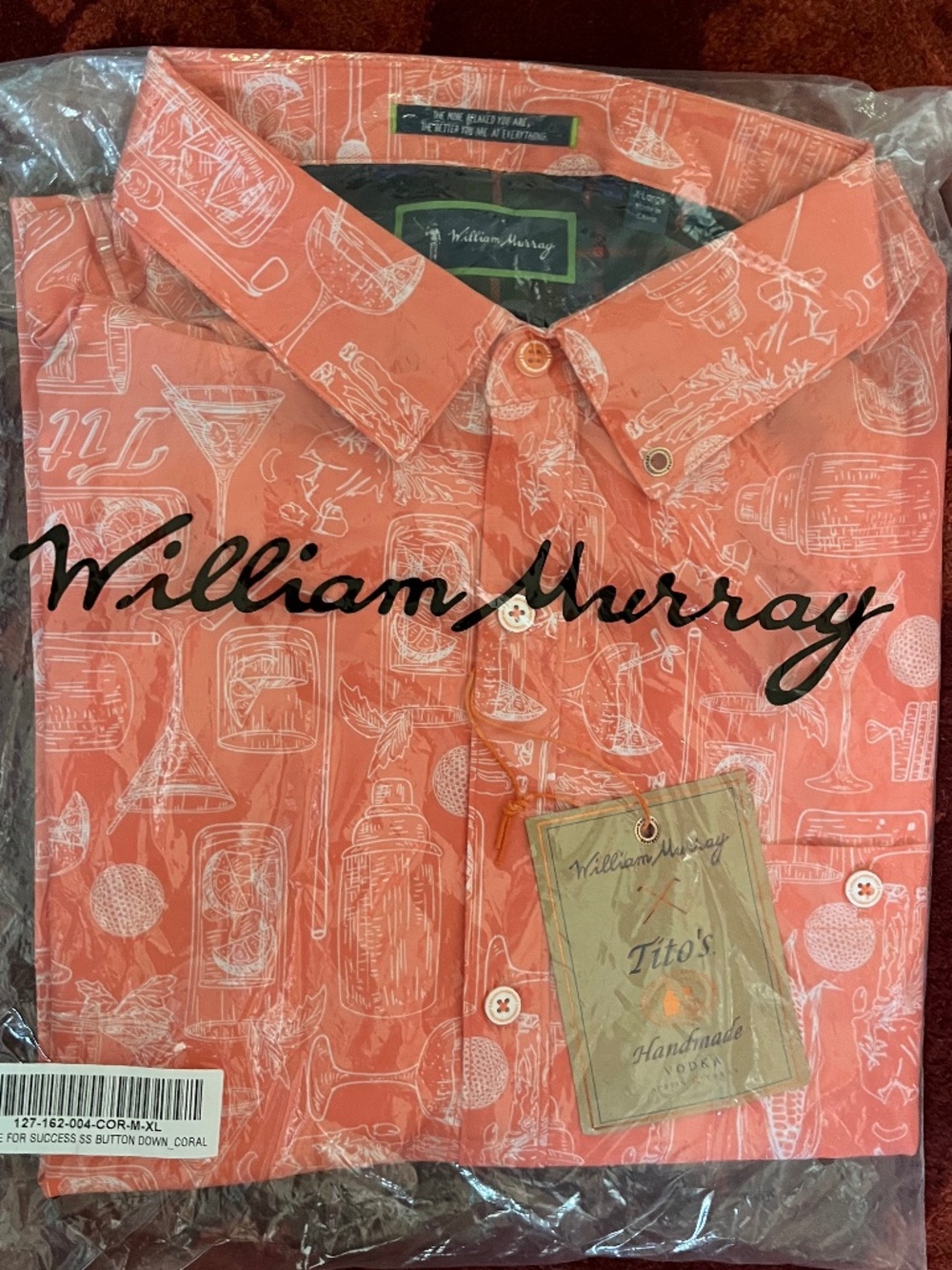 William Murray Shirt-Mens Orange Titos Vodka Golf Short‎ Sleeve Button Down - XL